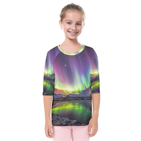 Aurora Borealis Polar Northern Lights Natural Phenomenon North Night Mountains Kids  Quarter Sleeve Raglan Tee by B30l