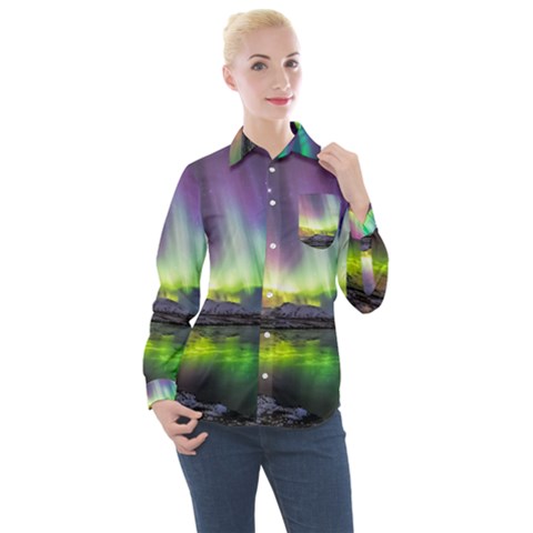 Aurora Borealis Polar Northern Lights Natural Phenomenon North Night Mountains Women s Long Sleeve Pocket Shirt by B30l