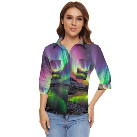 Aurora Borealis Polar Northern Lights Natural Phenomenon North Night Mountains Women s Quarter Sleeve Pocket Shirt by B30l