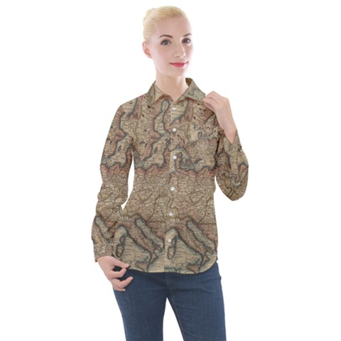 Old Vintage Classic Map Of Europe Women s Long Sleeve Pocket Shirt by B30l