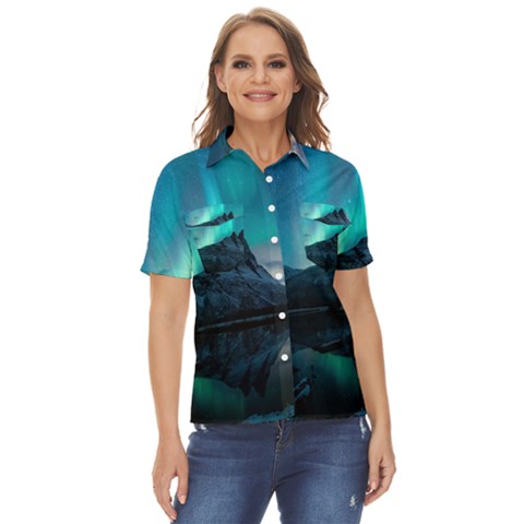 Aurora Borealis Mountain Reflection Women s Short Sleeve Double Pocket Shirt by B30l