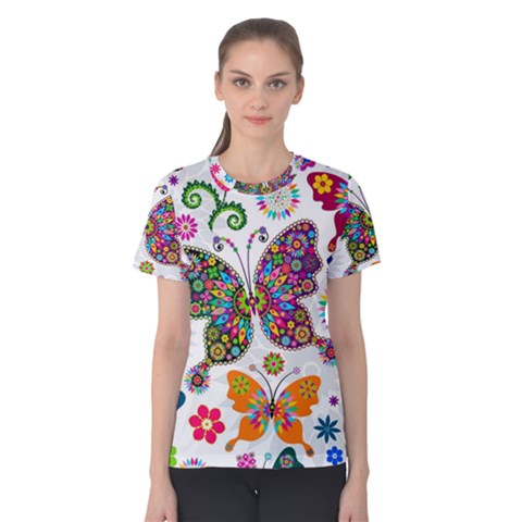 Butterflies Abstract Colorful Floral Flowers Vector Women s Cotton Tee by B30l