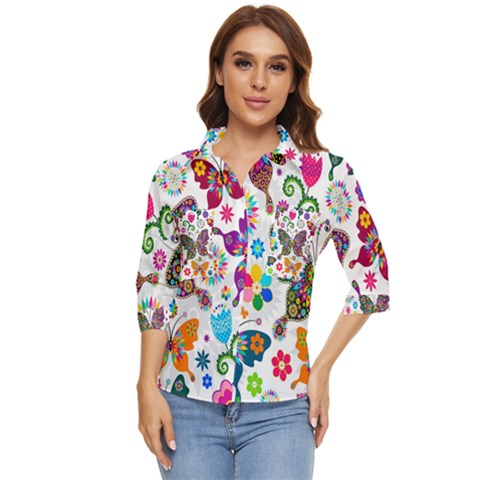 Butterflies Abstract Colorful Floral Flowers Vector Women s Quarter Sleeve Pocket Shirt by B30l