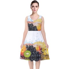 Variety Of Fruit Water Berry Food Splash Kiwi Grape V-neck Midi Sleeveless Dress  by B30l