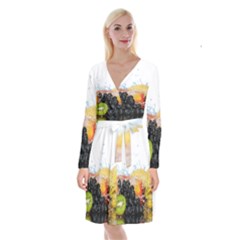 Variety Of Fruit Water Berry Food Splash Kiwi Grape Long Sleeve Velvet Front Wrap Dress by B30l