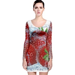 Red Strawberries Water Squirt Strawberry Fresh Splash Drops Long Sleeve Velvet Bodycon Dress by B30l