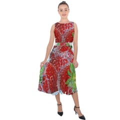 Red Strawberries Water Squirt Strawberry Fresh Splash Drops Midi Tie-back Chiffon Dress by B30l