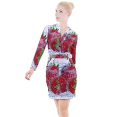 Red Strawberries Water Squirt Strawberry Fresh Splash Drops Button Long Sleeve Dress by B30l