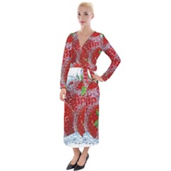 Red Strawberries Water Squirt Strawberry Fresh Splash Drops Velvet Maxi Wrap Dress by B30l