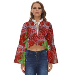 Red Strawberries Water Squirt Strawberry Fresh Splash Drops Boho Long Bell Sleeve Top by B30l