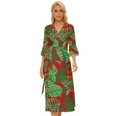 Leaves Leaf Nature Pattern Red Green Midsummer Wrap Dress by Cowasu