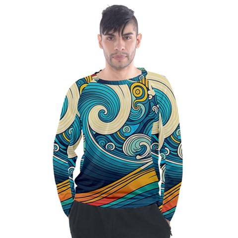 Waves Wave Ocean Sea Abstract Whimsical Abstract Art Men s Long Sleeve Raglan Tee by Cowasu