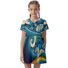 Waves Wave Ocean Sea Abstract Whimsical Abstract Art Kids  Asymmetric Collar Dress by Cowasu