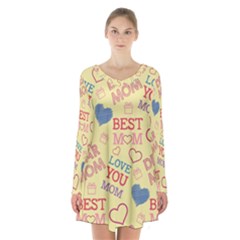 Love Mom Happy Mothers Day I Love Mom Graphic Pattern Long Sleeve Velvet V-neck Dress by Ravend