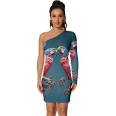 Birds Parrots Love Ornithology Species Fauna Long Sleeve One Shoulder Mini Dress by Ndabl3x