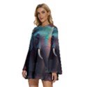 Elephant Tusks Trunk Wildlife Africa Round Neck Long Sleeve Bohemian Style Chiffon Mini Dress View2