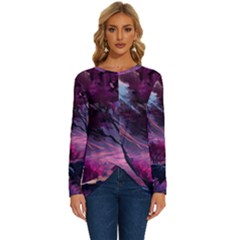 Landscape Painting Purple Tree Long Sleeve Crew Neck Pullover Top by Ndabl3x