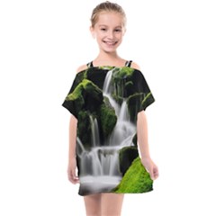 Waterfall Moss Korea Mountain Valley Green Forest Kids  One Piece Chiffon Dress by Ndabl3x