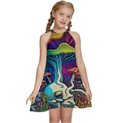 Mushrooms Fungi Psychedelic Kids  Halter Collar Waist Tie Chiffon Dress by Ndabl3x