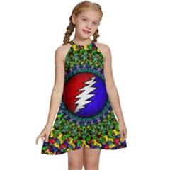 Grateful Dead Pattern Kids  Halter Collar Waist Tie Chiffon Dress by Wav3s