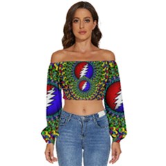 Grateful Dead Pattern Long Sleeve Crinkled Weave Crop Top by Wav3s