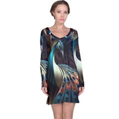 Peacock Bird Feathers Plumage Colorful Texture Abstract Long Sleeve Nightdress by Wav3s