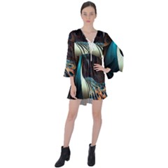 Peacock Bird Feathers Plumage Colorful Texture Abstract V-neck Flare Sleeve Mini Dress by Wav3s