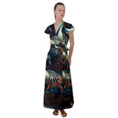 Peacock Bird Feathers Plumage Colorful Texture Abstract Flutter Sleeve Maxi Dress by Wav3s