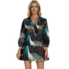 Peacock Bird Feathers Plumage Colorful Texture Abstract V-neck Placket Mini Dress by Wav3s