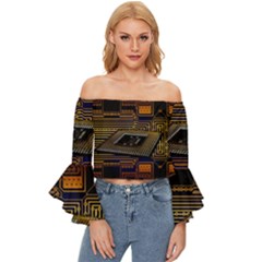 Processor Cpu Board Circuit Off Shoulder Flutter Bell Sleeve Top by Wav3s