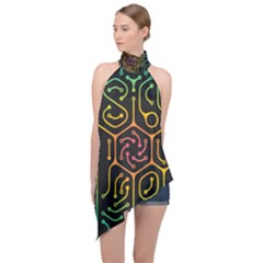 Circuit Hexagonal Geometric Pattern Background Pattern Halter Asymmetric Satin Top by Wav3s