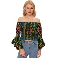 Circuit Hexagonal Geometric Pattern Background Pattern Off Shoulder Flutter Bell Sleeve Top by Wav3s