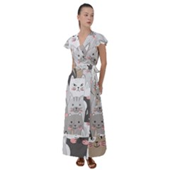 Cute Cats Seamless Pattern Flutter Sleeve Maxi Dress by Wav3s