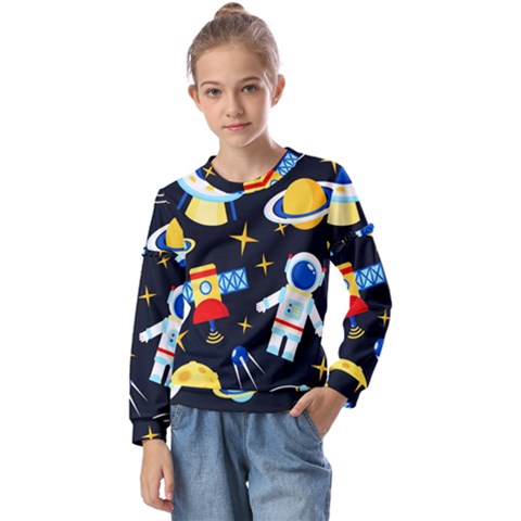 Space Seamless Pattern Kids  Long Sleeve Tee With Frill  by Wav3s