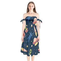 Seamless-pattern-with-funny-aliens-cat-galaxy Shoulder Tie Bardot Midi Dress by Wav3s