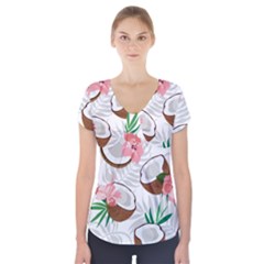 Seamless Pattern Coconut Piece Palm Leaves With Pink Hibiscus Short Sleeve Front Detail Top by Vaneshart