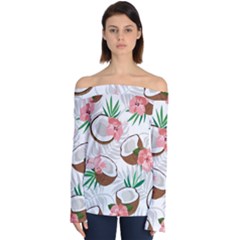 Seamless Pattern Coconut Piece Palm Leaves With Pink Hibiscus Off Shoulder Long Sleeve Top by Vaneshart