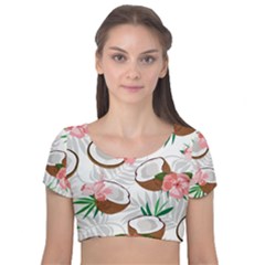 Seamless Pattern Coconut Piece Palm Leaves With Pink Hibiscus Velvet Short Sleeve Crop Top  by Vaneshart