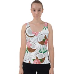 Seamless Pattern Coconut Piece Palm Leaves With Pink Hibiscus Velvet Tank Top by Vaneshart