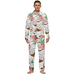 Seamless Pattern Coconut Piece Palm Leaves With Pink Hibiscus Men s Long Sleeve Velvet Pocket Pajamas Set by Vaneshart