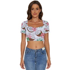 Seamless Pattern Coconut Piece Palm Leaves With Pink Hibiscus Short Sleeve Square Neckline Crop Top  by Vaneshart