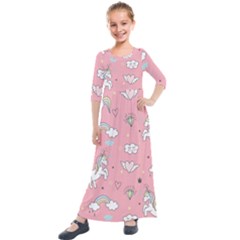 Cute-unicorn-seamless-pattern Kids  Quarter Sleeve Maxi Dress by Vaneshart