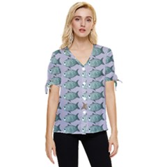 Fishes Pattern Background Theme Art Bow Sleeve Button Up Top by Vaneshop