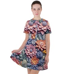 3d Flower Bloom Embossed Pattern Short Sleeve Shoulder Cut Out Dress  by Vaneshop