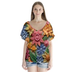 Flower Bloom Embossed Pattern V-neck Flutter Sleeve Top by Vaneshop