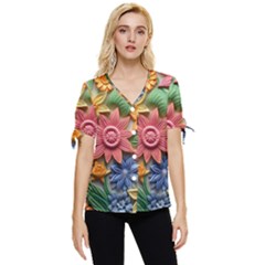 Flower Bloom Embossed Pattern Bow Sleeve Button Up Top by Vaneshop