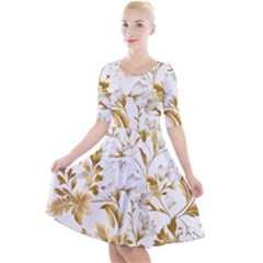 Flowers Gold Floral Quarter Sleeve A-line Dress by Vaneshop