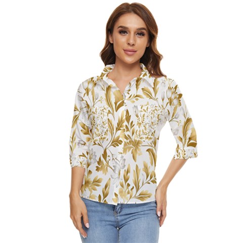 Flowers Gold Floral Women s Quarter Sleeve Pocket Shirt by Vaneshop