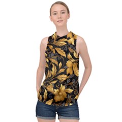 Flower Gold Floral High Neck Satin Top by Vaneshop