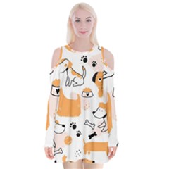 Seamless Pattern Of Cute Dog Puppy Cartoon Funny And Happy Velvet Long Sleeve Shoulder Cutout Dress by Wav3s